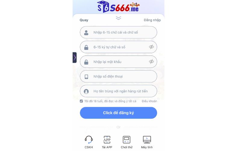 Đăng ký S666 qua app